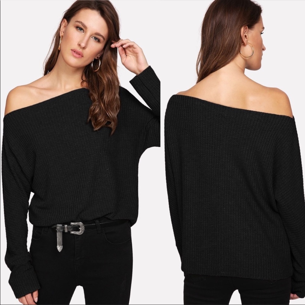 Long sleeve off shoulder knit top black - Picture 4 of 5